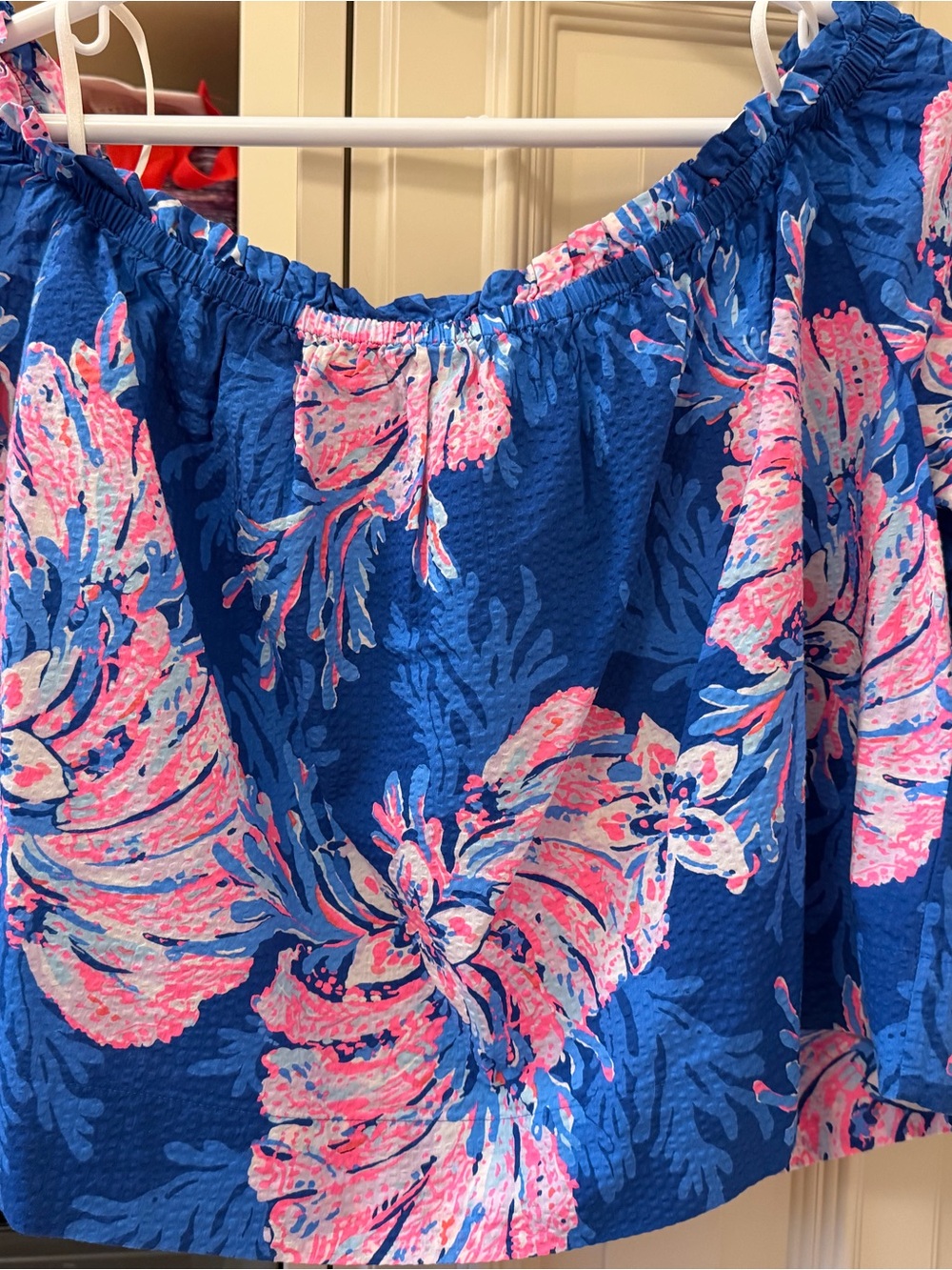 Lilly Pulitzer Blue Pink Floral Off Shoulder Ruffle Bell Sleeve Top